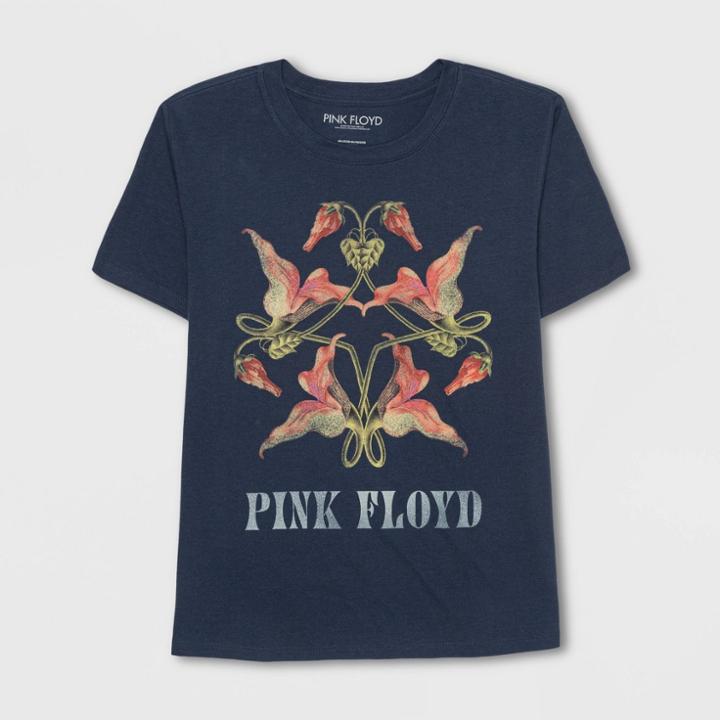 Women's Pink Floyd Plus Size Floral Print Short Sleeve Graphic T-shirt - Navy