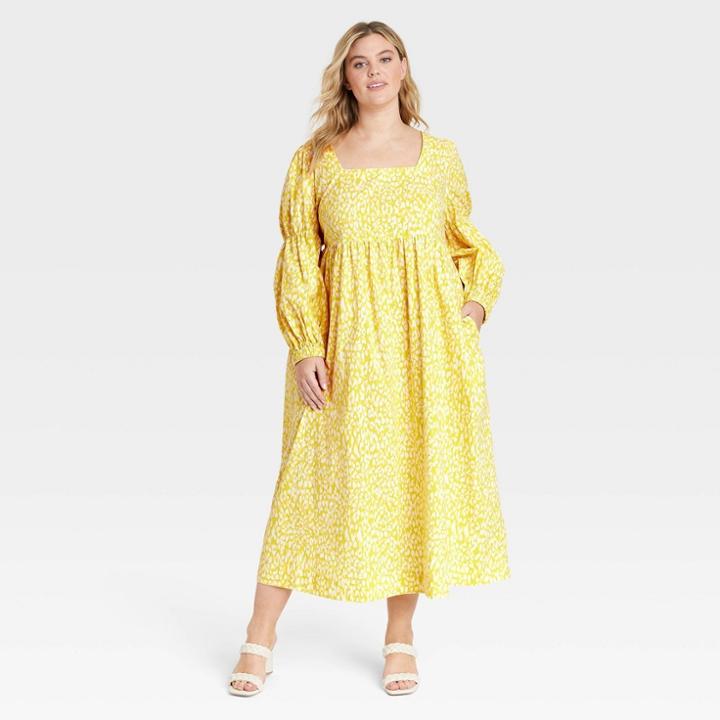 Women's Plus Size Bell Long Sleeve Dress - Who What Wear Yellow Leopard Print