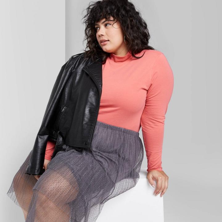 Women's Plus Size Long Sleeve Mock Turtleneck Cropped Top - Wild Fable Coral 1x, Women's, Size: