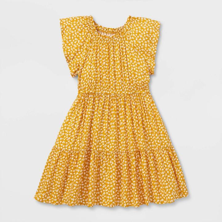 Girls' Short Sleeve Challis Dress - Cat & Jack Medium Mustard Yellow