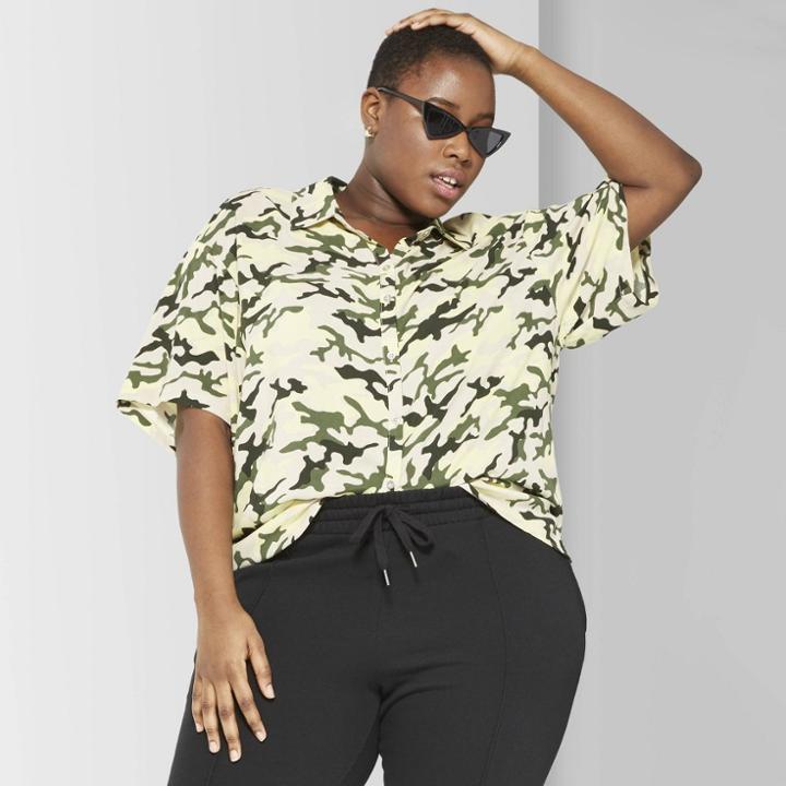Women's Plus Size Camo Print Oversized Short Sleeve Button-down Shirt - Wild Fable Green