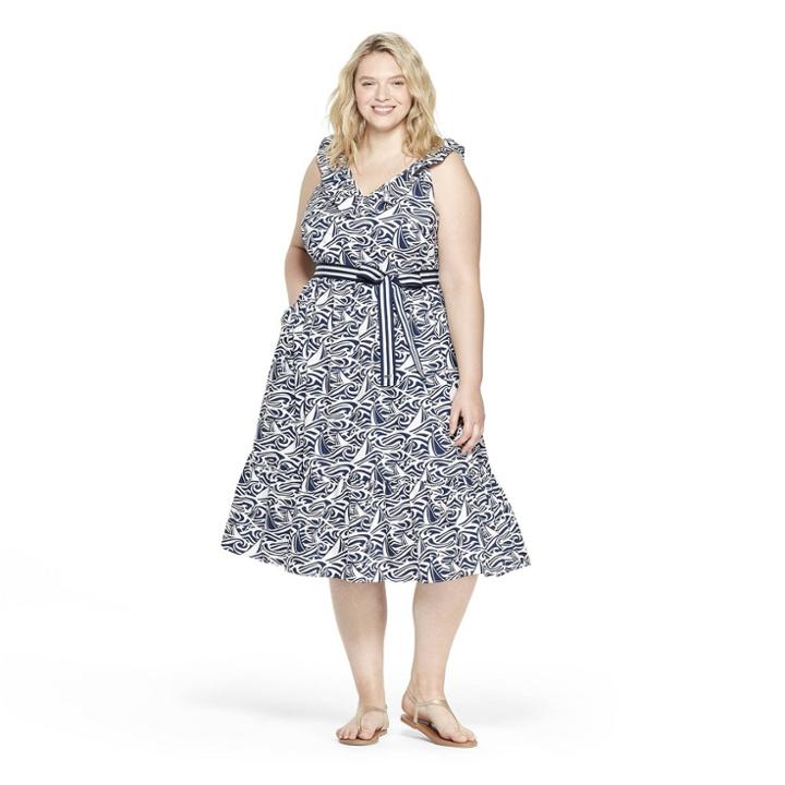 Women's Plus Size Sleeveless Rough Seas Ruffle Tie Waist Midi V-neck Dress - Navy/white 1x - Vineyard Vines For Target, Blue