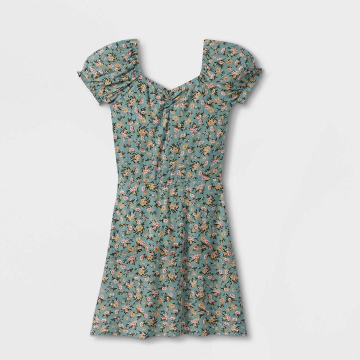 Girls' Puff Sleeve Floral Knit Dress - Art Class