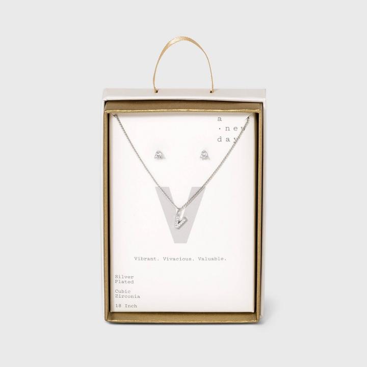 Silver Plated Cubic Zirconia Pave Initial Pendant Necklace And Earring Set - A New Day Initial V