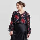 Women's Plus Size Floral Print Long Sleeve V-neck Blouse - A New Day Black X, Women's