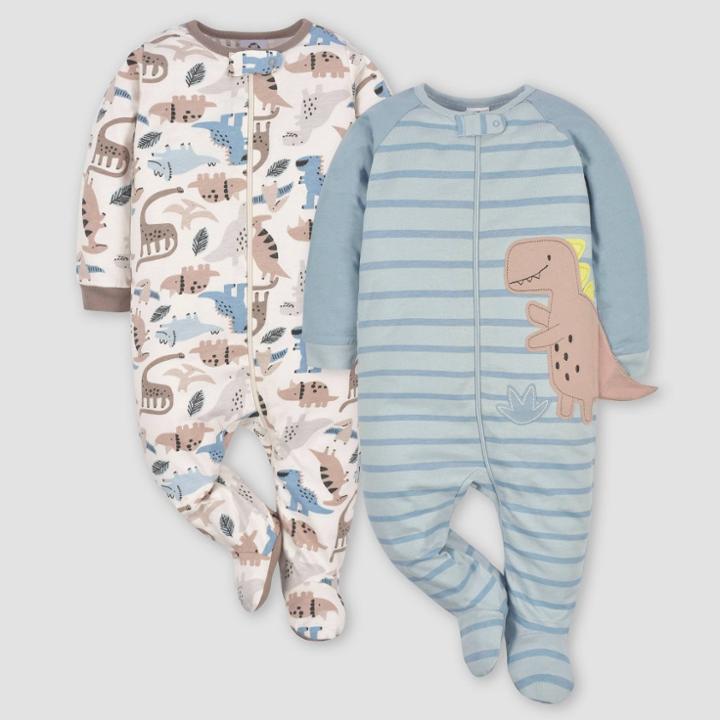Gerber Baby 2pk Zip-front Dino Sleep N' Play - White/gray/light Blue Newborn
