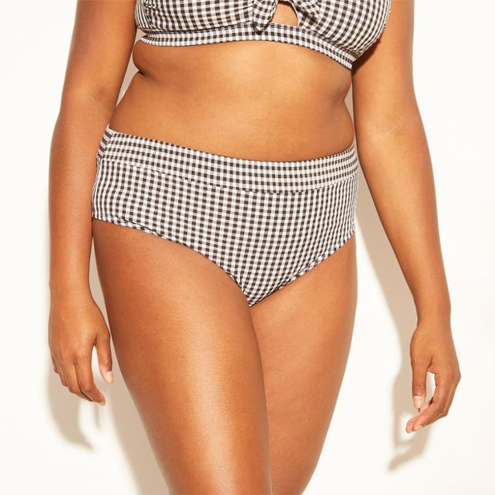 Women's Plus Size Gingham High Waist Bikini Bottom - Xhilaration Black Gingham