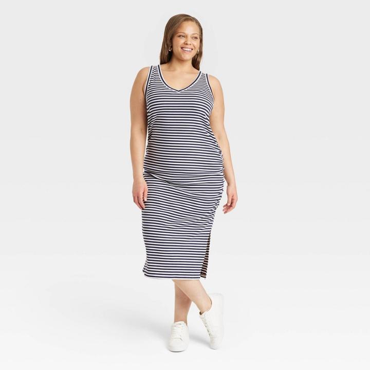 Women's Plus Size Sleeveless Rib Knit Side Ruched Dress - A New Day Navy Blue