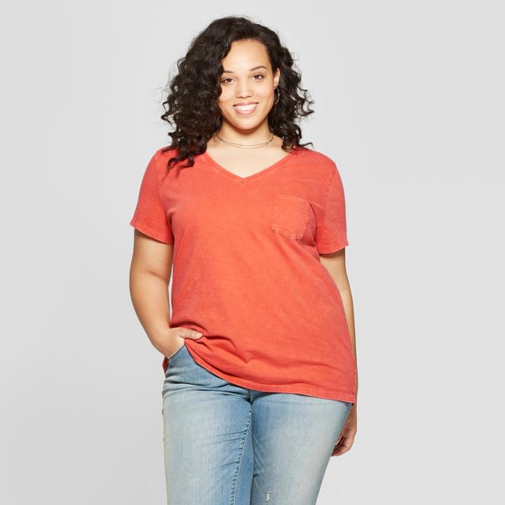 Women's Plus Size Short Sleeve Pocket V-neck T-shirt - Universal Thread Orange