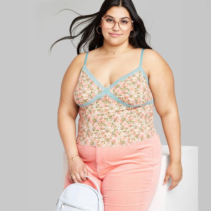 Women's Plus Size Lace Trim Tiny Tank Top - Wild Fable Coral Pink Floral