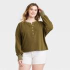 Women's Plus Size Long Sleeve Henley Neck Cropped Shirt - Universal Thread Green