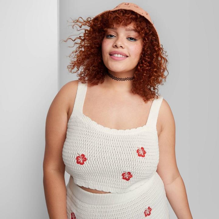 Women's Plus Size Sweater Knit Tank Top - Wild Fable Almond Hibiscus Print