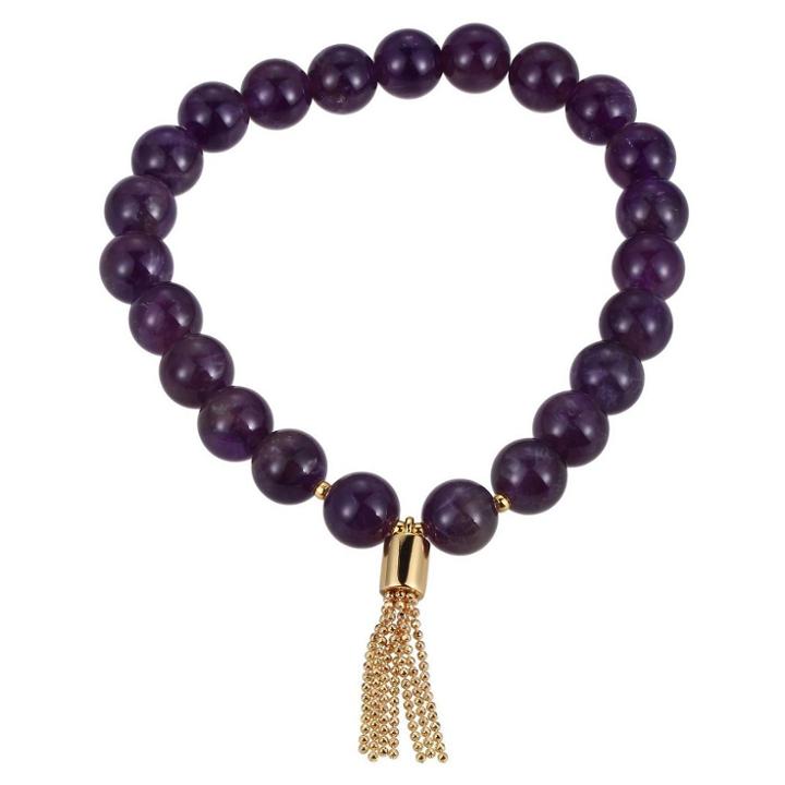 Prime Art & Jewel Genuine African Amethyst With 18k Gold Over Silver Plated Bronze Tassel Beaded Stretch Bracelet