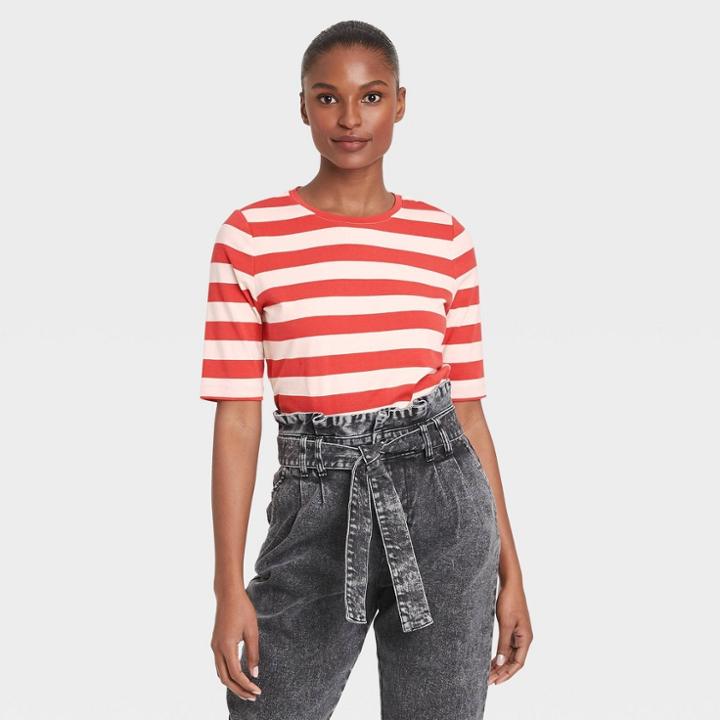 Women's Striped Elbow Sleeve T-shirt - Who What Wear Paprika Red