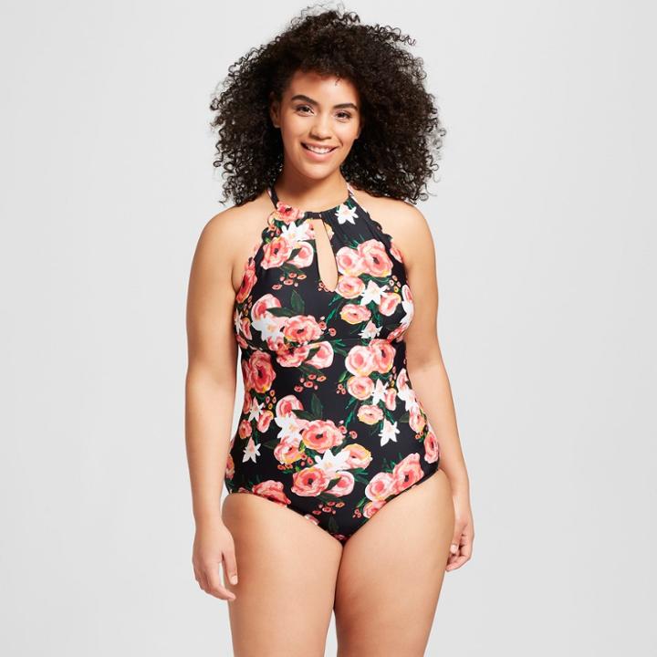 Costa Del Sol Women's Plus Size Floral Scallop High Neck One Piece - Black X