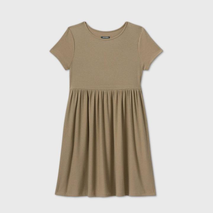 Women's Short Sleeve Rib-knit Babydoll Dress - Wild Fable Olive