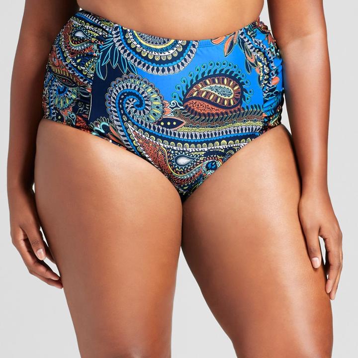 Clean Water Women's Paisley Shirred High Waist Bottom Bikini Swim Bottom - Blue Paisley