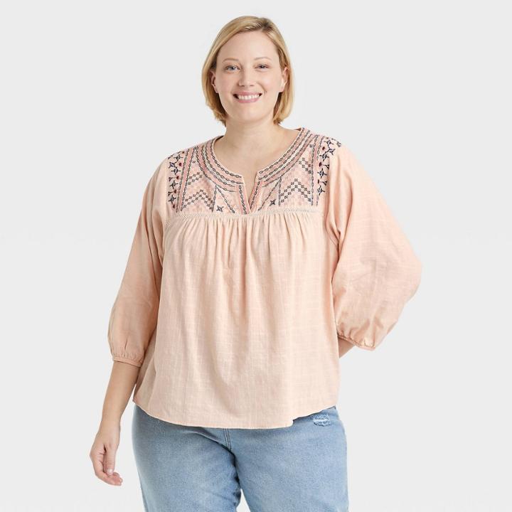 Women's Plus Size Bishop Long Sleeve Embroidered Top - Knox Rose Pink
