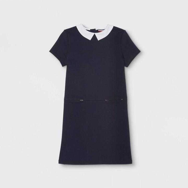 French Toast Girls' Knit Ponte Woven Collared Uniform Dress - Navy