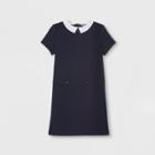 French Toast Girls' Knit Ponte Woven Collared Uniform Dress - Navy