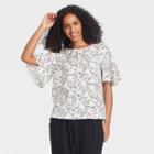 Women's Leaf Print Flutter Short Sleeve Top - A New Day White/black