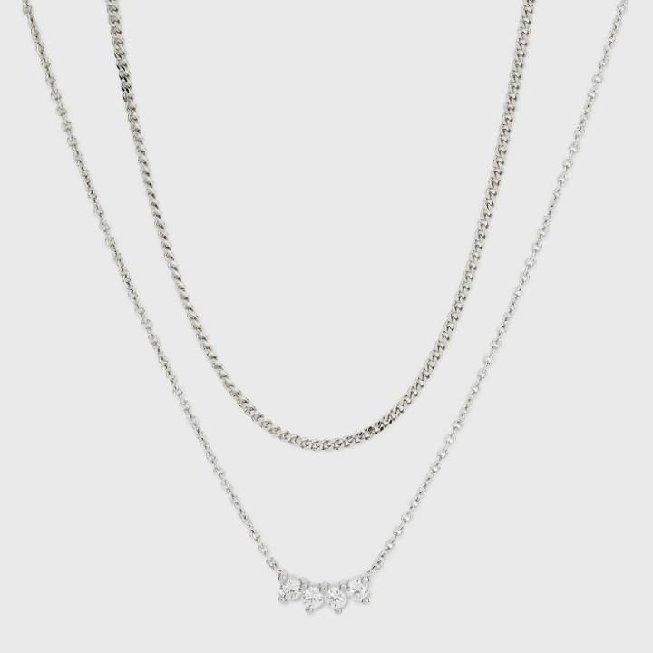 Silver Plated Cubic Zirconia Triangle Duo Bib Necklace - A New Day