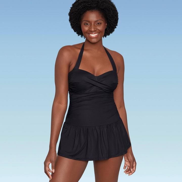 Women's Slimming Control Ruched Front Swim Dress - Dreamsuit By Miracle Brands Black