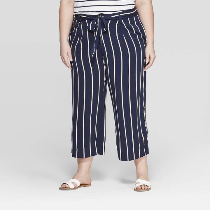 Women's Plus Size Striped Tie Waist Pants - Ava & Viv Navy