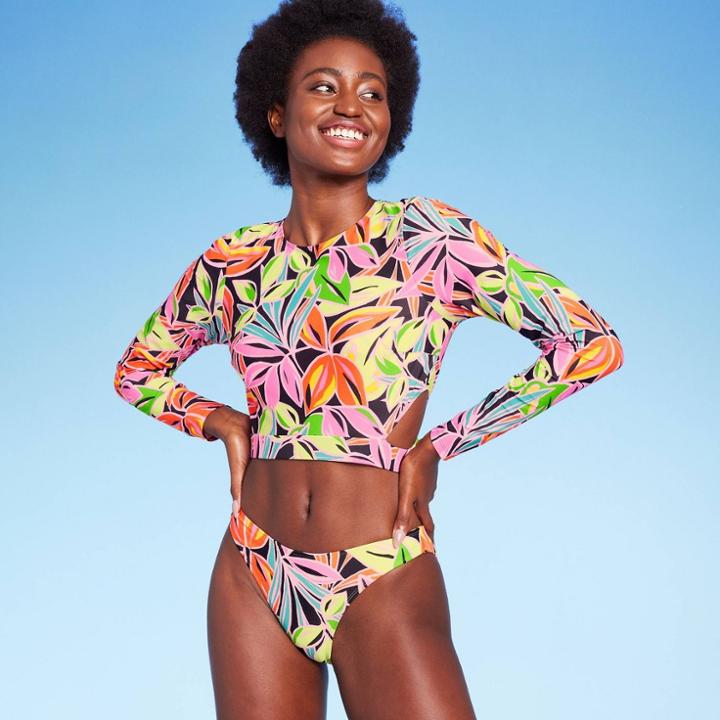 Women's Long Sleeve Cropped Rashguard - Wild Fable Tropical Print Xxs, Black