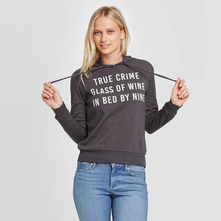 Women's True Crime Glass Of Wine In Bed By Nine Hooded Sweatshirt - Fifth Sun - Charcoal Heather Xs, Women's, Gray