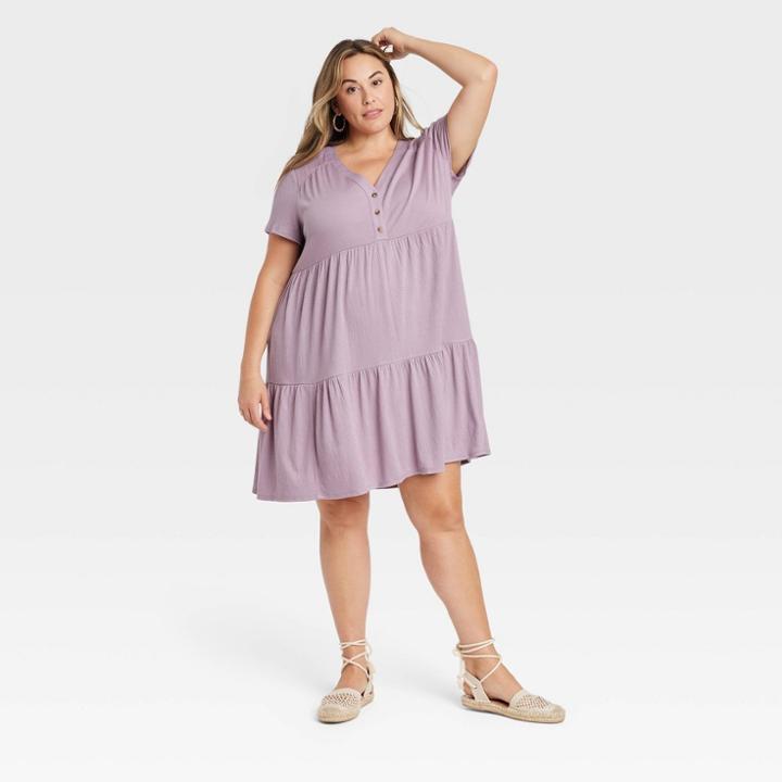 Women's Plus Size Flutter Short Sleeve Knit A-line Dress - Knox Rose Lilac Purple