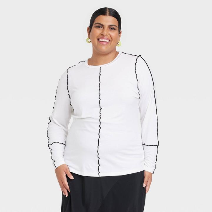 Women's Plus Size Long Sleeve Slim Fit Seam T-shirt - Ava & Viv White X