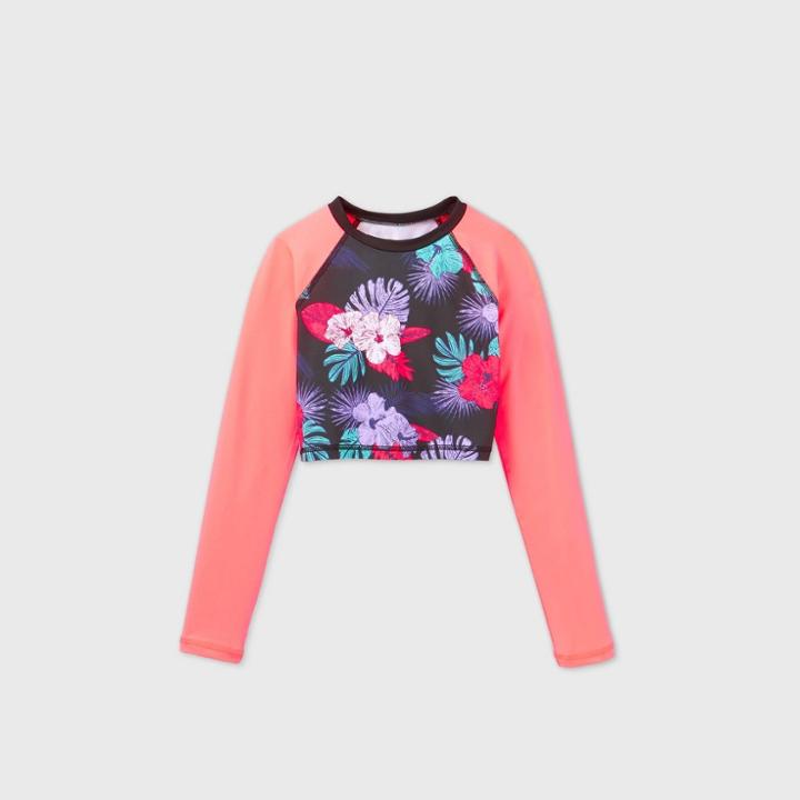 Girls' Long Sleeve Raglan Cropped Floral Rash Guard Swim Shirt - Art Class