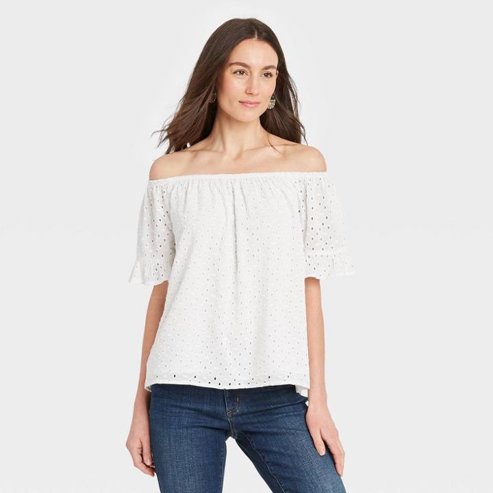 Women's Tie-dye Short Sleeve Off The Shoulder Eyelet Top - Knox Rose White