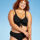 Juniors' Plus Size Ribbed Ruffle Tie-front Bralette Bikini Top - Xhilaration Black X