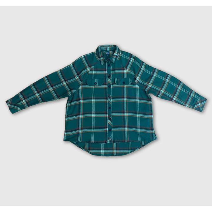 Women's Raglan Long Sleeve Button-down Hi-low Flannel Shirt - Wild Fable Olive Green Plaid