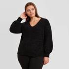 Women's Plus Size V-neck Balloon Sleeve Chenille Pullover Sweater - Ava & Viv Black X
