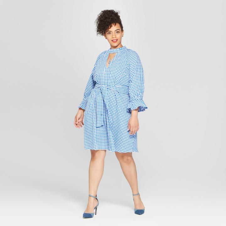 Women's Plus Size Long Blouson Sleeve Mini Dress - Who What Wear Blue/white Check