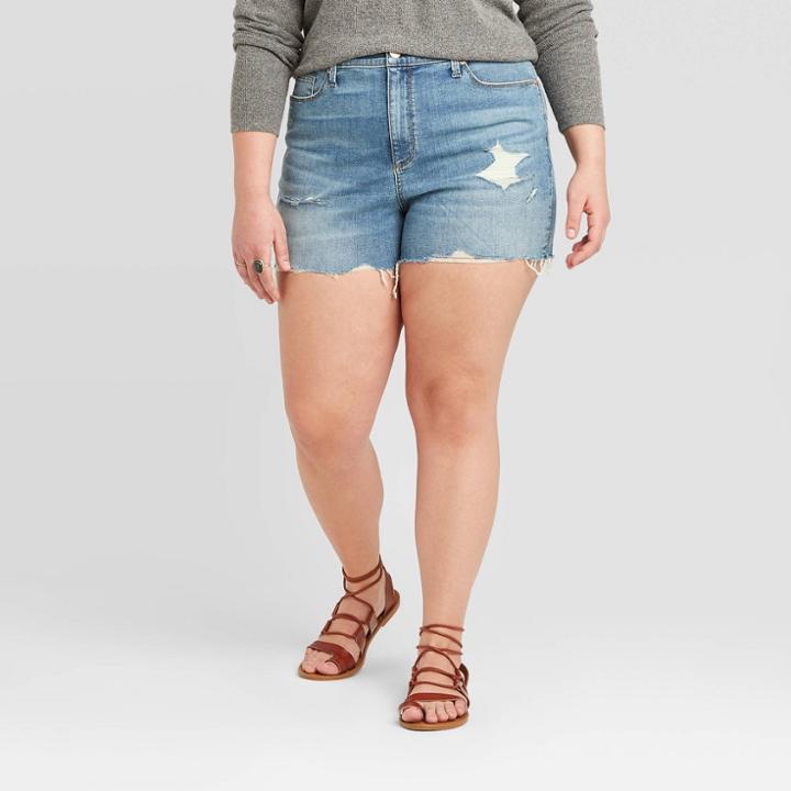 Women's Plus Size High-rise Distressed Jean Shorts - Universal Thread Medium Wash 14w, Women's, Blue