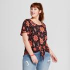 Women's Plus Size Printed Short Sleeve Tie Front T-shirt - Xhilaration Black X