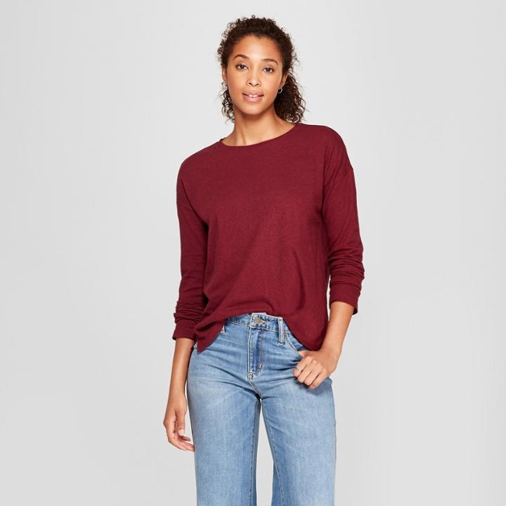 Women's Drop Shoulder Long Sleeve T-shirt - Universal Thread Burgundy (red)