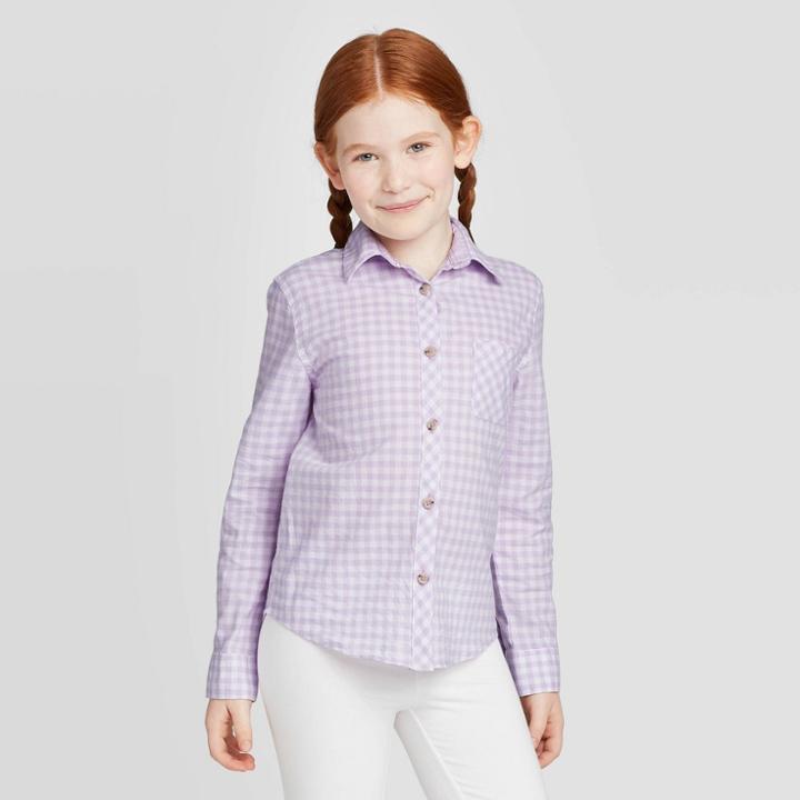 Girls' Long Sleeve Button-down Shirt - Cat & Jack Lilac Xs, Girl's, Purple