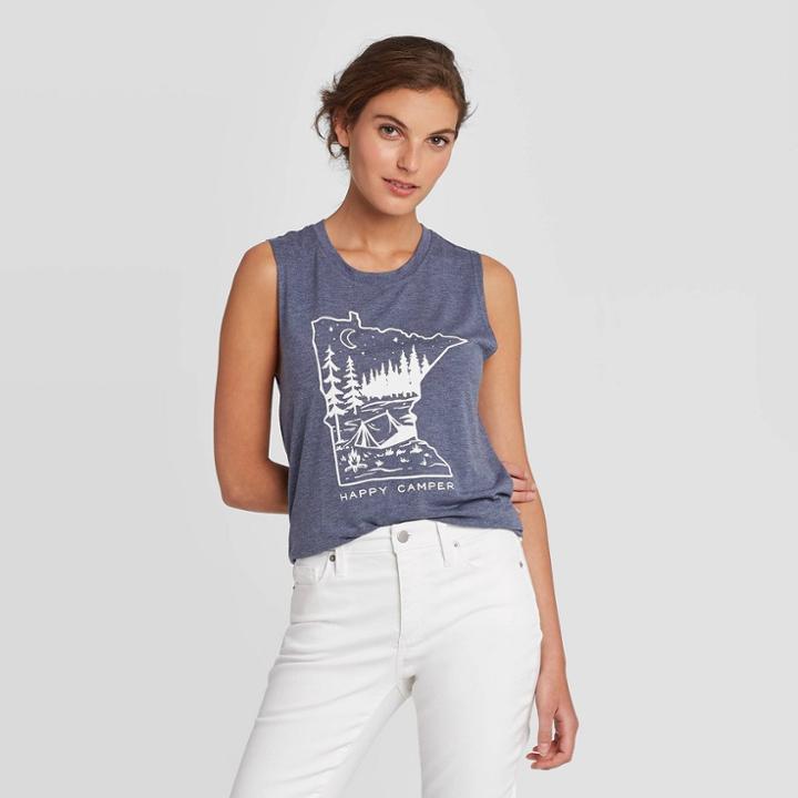 Women's Scoop Neck Happy Camper Graphic Tank Top - Awake Navy Xs, Women's, Blue