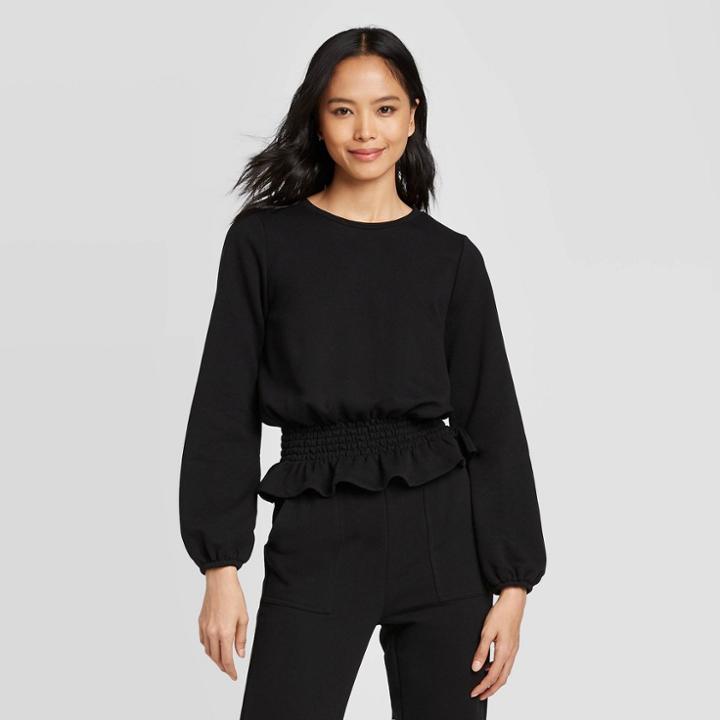 Women's Cowl Neck Smocked Waist Knit Sweatshirt - Who What Wear Black