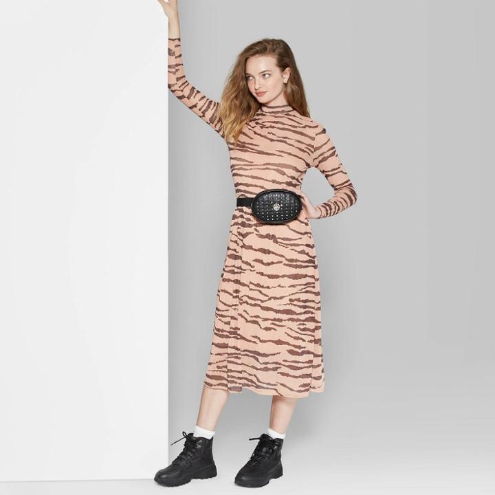 Women's Animal Print Long Sleeve Mock Turtleneck Mesh Midi Dress - Wild Fable Pink