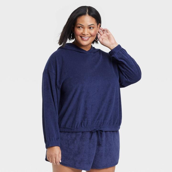 Women's Plus Size Long Sleeve Terry Hooded Shirt - Ava & Viv Navy X, Blue
