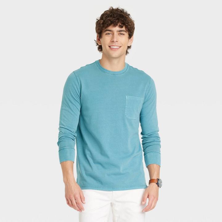 Men's Long Sleeve Garment Dyed Pocket T-shirt - Goodfellow & Co Botanical Blue