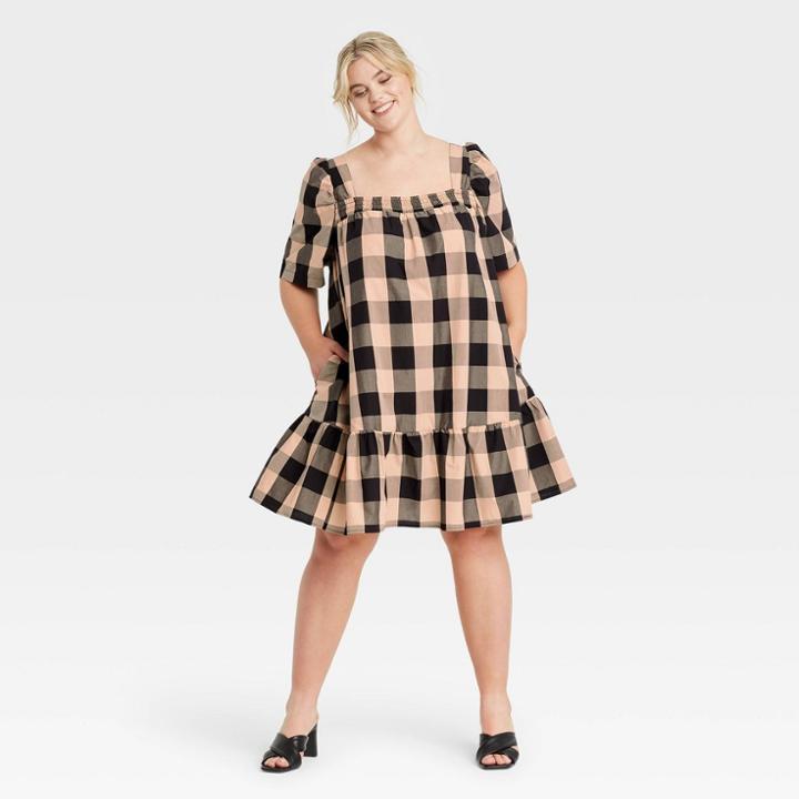 Women's Plus Size Puff Short Sleeve Dress - Who What Wear Black Checker