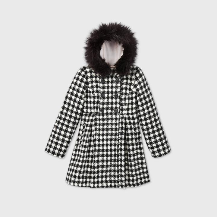 Girls' Plaid Wool With Faux Fur Trim Jacket - Cat & Jack Black/white