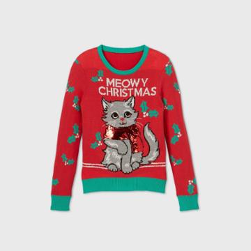 Well Worn Girls' 'meowy Christmas' Pullover Sweater - Red
